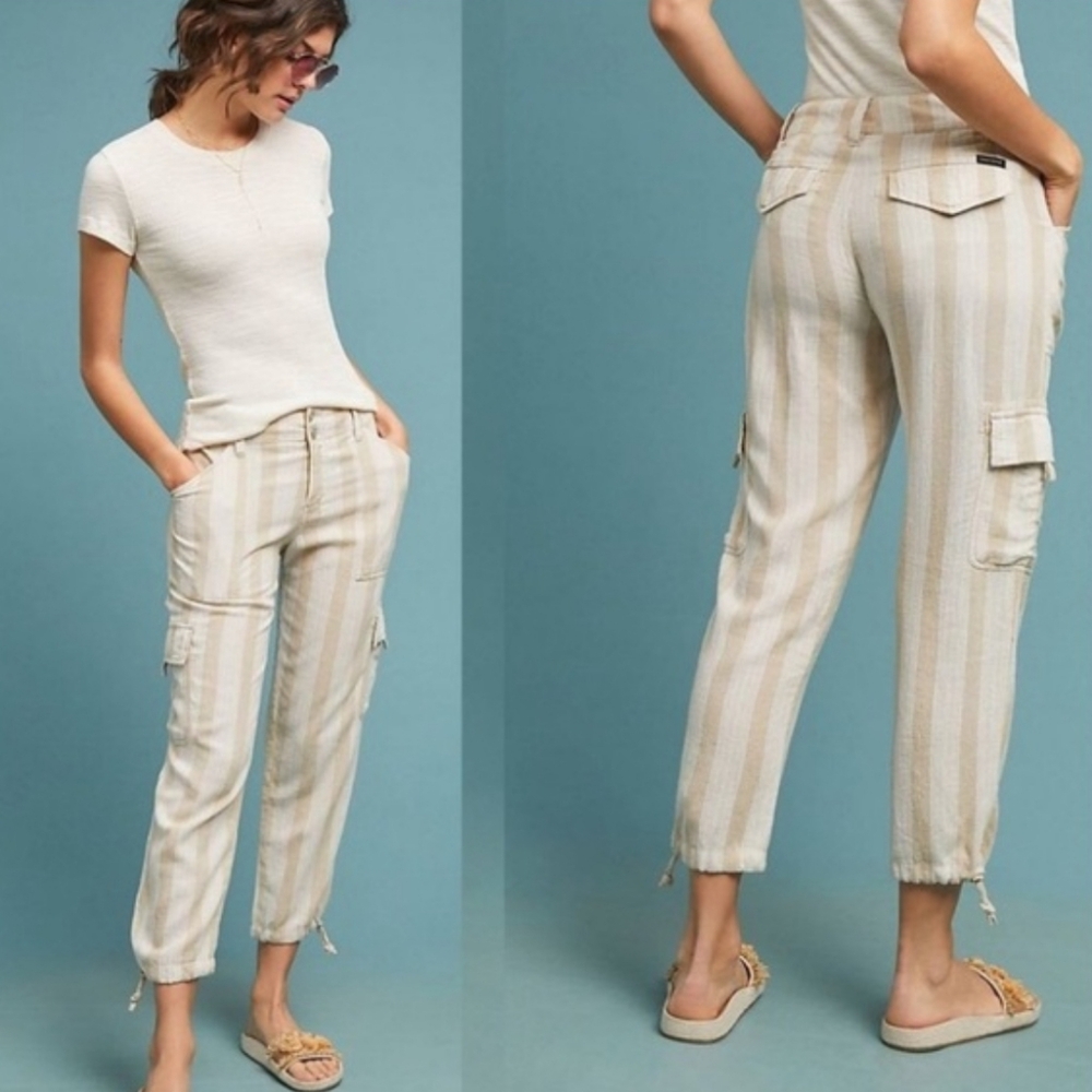NWT Anthropologie x Sanctuary Striped Linen Terrain Cropped Utility Pants, Sz 28